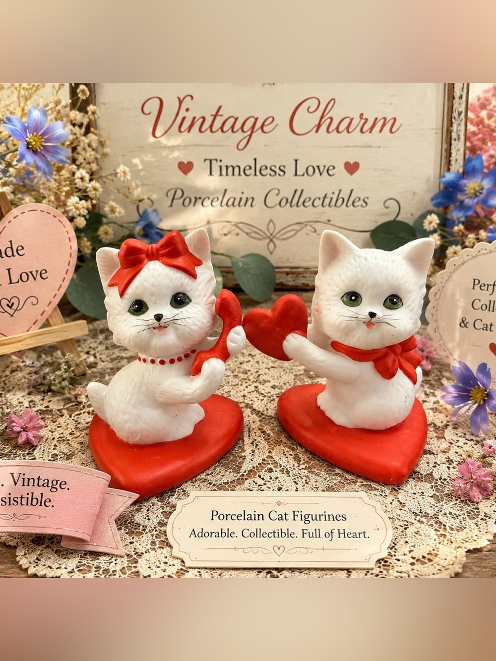 Vintage 1985 Lefton Valentine Kitty Cat Figurines Set of 2 - Kitsch EUC 🐈 🥰